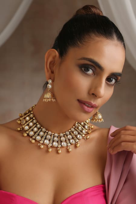 Swabhimann Gold Plated Diamonds Geometric Polki Work Necklace Set 
