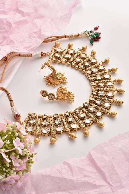 Shop_Swabhimann_Gold Plated Imitation Diamonds Geometric Polki Work Necklace Set_Online_at_Aza_Fashions