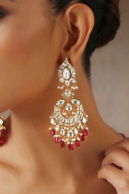 Swabhimann_Red Stones, Pearls Moissanite Polki Embellished Chandbalis _Online_at_Aza_Fashions