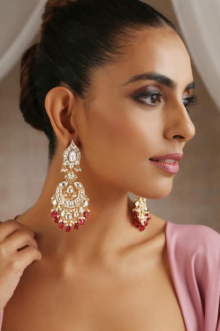Buy_Swabhimann_Red Stones, Pearls Moissanite Polki Embellished Chandbalis _Online_at_Aza_Fashions