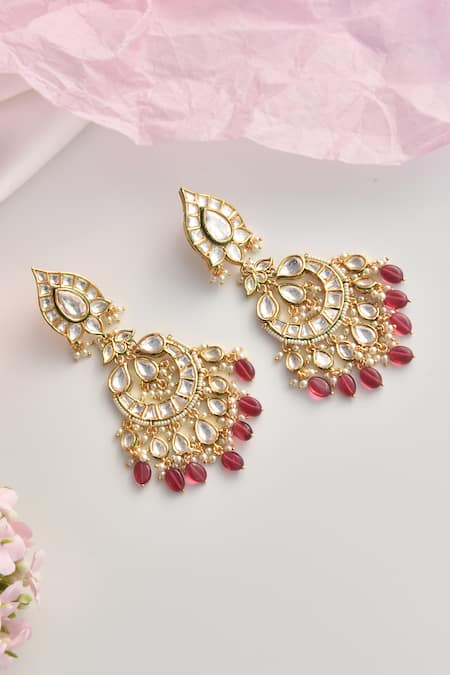 Shop_Swabhimann_Red Stones, Pearls Moissanite Polki Embellished Chandbalis _at_Aza_Fashions
