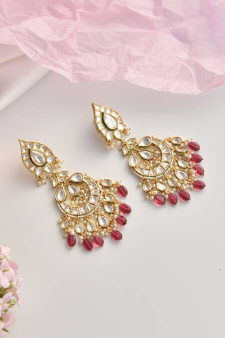 Shop_Swabhimann_Red Stones, Pearls Moissanite Polki Embellished Chandbalis _Online_at_Aza_Fashions
