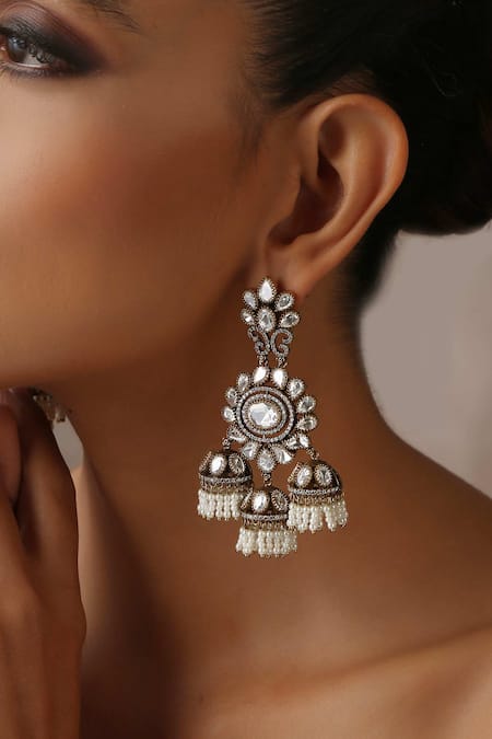 Swabhimann_Grey Diamonds, Pearls Victorian Moissanite Polki Embellished Jhumkas _Online_at_Aza_Fashions