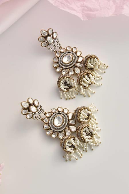 Shop_Swabhimann_Grey Diamonds, Pearls Victorian Moissanite Polki Embellished Jhumkas _at_Aza_Fashions