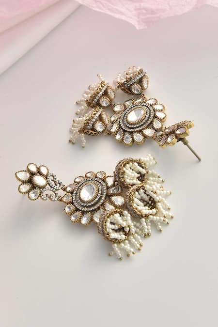 Shop_Swabhimann_Grey Diamonds, Pearls Victorian Moissanite Polki Embellished Jhumkas _Online_at_Aza_Fashions