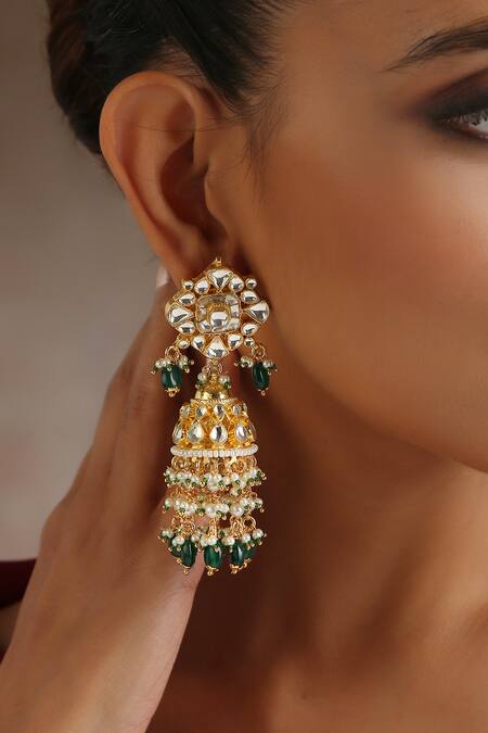 Swabhimann_Green Stones, Pearls, Diamonds Moissanite Polki Embellished Jhumkas _Online_at_Aza_Fashions