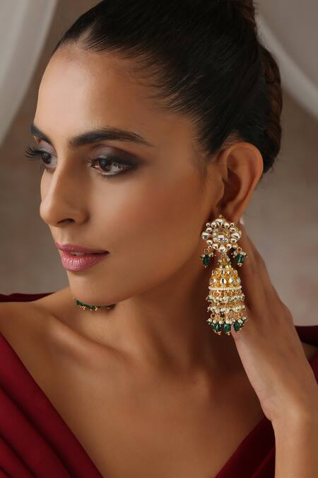 Shop_Swabhimann_Green Stones, Pearls, Diamonds Moissanite Polki Embellished Jhumkas _at_Aza_Fashions