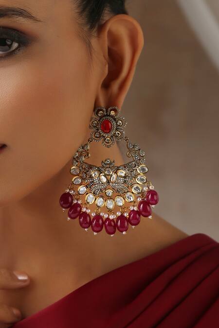 Swabhimann_Red Stones, Pearls, Crystals Victorian Moissanite Polki Embellished Chandbalis _Online_at_Aza_Fashions