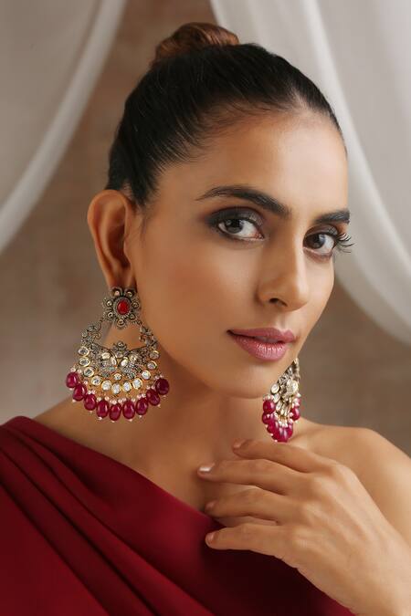 Buy_Swabhimann_Red Stones, Pearls, Crystals Victorian Moissanite Polki Embellished Chandbalis _Online_at_Aza_Fashions