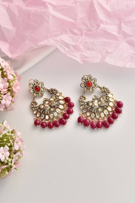 Shop_Swabhimann_Red Stones, Pearls, Crystals Victorian Moissanite Polki Embellished Chandbalis _at_Aza_Fashions