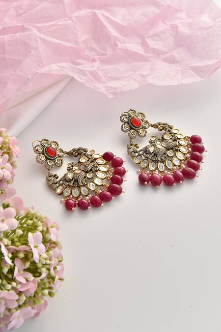 Shop_Swabhimann_Red Stones, Pearls, Crystals Victorian Moissanite Polki Embellished Chandbalis _Online_at_Aza_Fashions