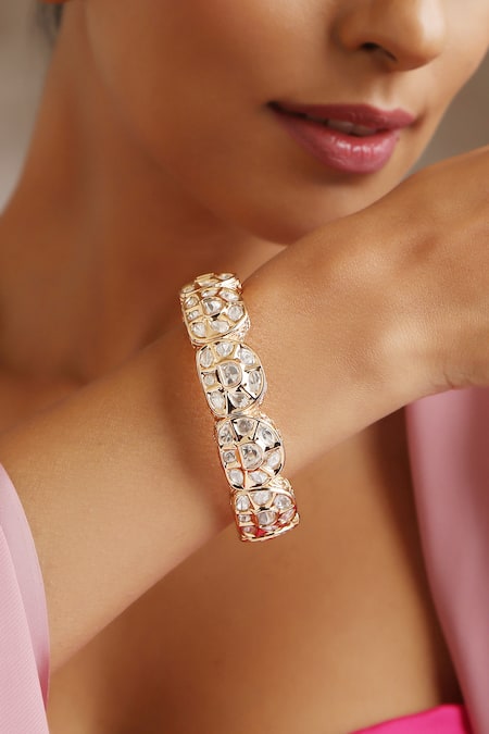 Swabhimann_Gold Plated Imitation Diamonds Geometric Cut Work Embellished Kada _Online_at_Aza_Fashions