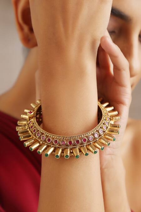 Swabhimann_Gold Plated Crystals Spiked Embellished Temple Kada _Online_at_Aza_Fashions