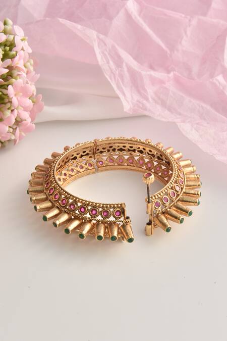 Shop_Swabhimann_Gold Plated Crystals Spiked Embellished Temple Kada _Online_at_Aza_Fashions
