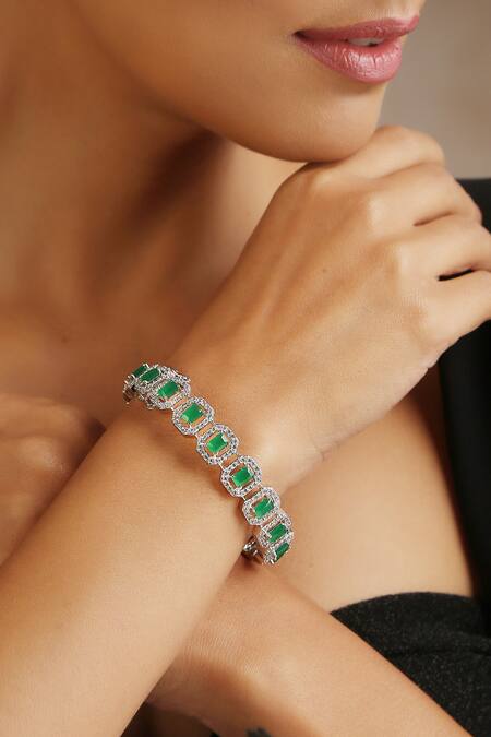 Swabhimann_Green Crystals Embellished Geometric Cut Work Kada _Online_at_Aza_Fashions