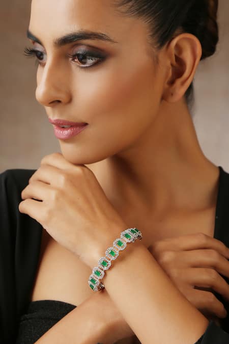 Buy_Swabhimann_Green Crystals Embellished Geometric Cut Work Kada _Online_at_Aza_Fashions