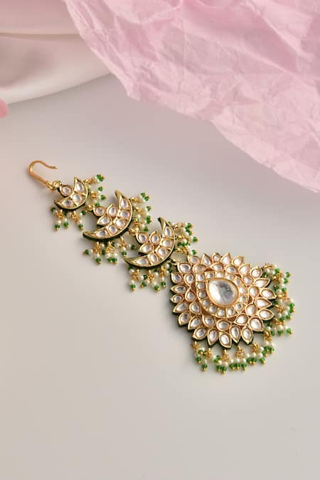 Shop_Swabhimann_Green Moissanite Polki Embellished Maangtikka _at_Aza_Fashions