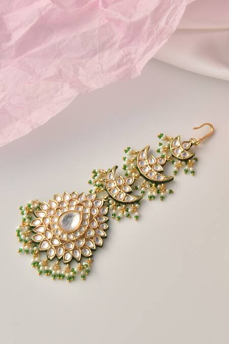 Shop Swabhimann Green Moissanite Polki Embellished Maangtikka Online at Aza Fashions Shop_Swabhimann_Green Moissanite Polki Embellished Maangtikka _Online_at_Aza_Fashions