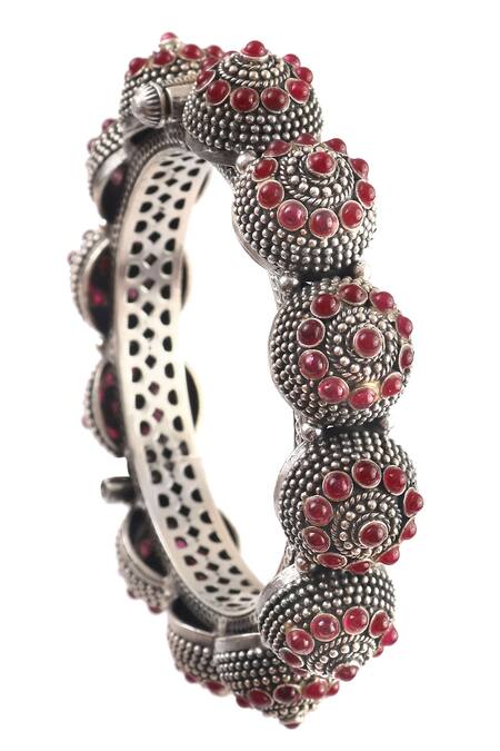 Noor_Red Pearls Gemstone Embellished Bangle_Online_at_Aza_Fashions