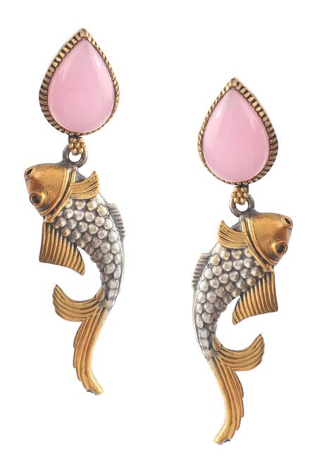 Noor_Pink Crystals, Studs Embellished Fish Carved Dangler Earrings_Online_at_Aza_Fashions