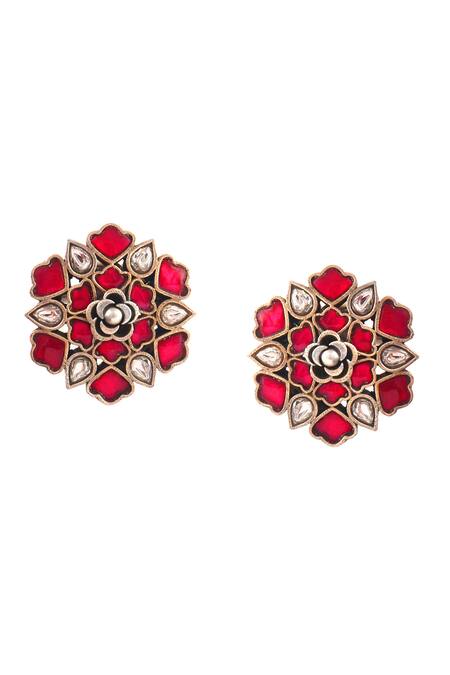 Noor_Pink Stones Embellished Floral-shaped Stud Earrings_Online_at_Aza_Fashions