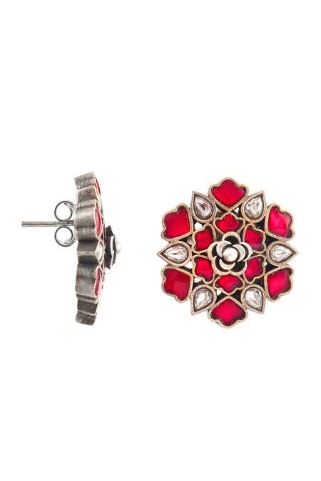 Buy_Noor_Pink Stones Embellished Floral-shaped Stud Earrings_Online_at_Aza_Fashions