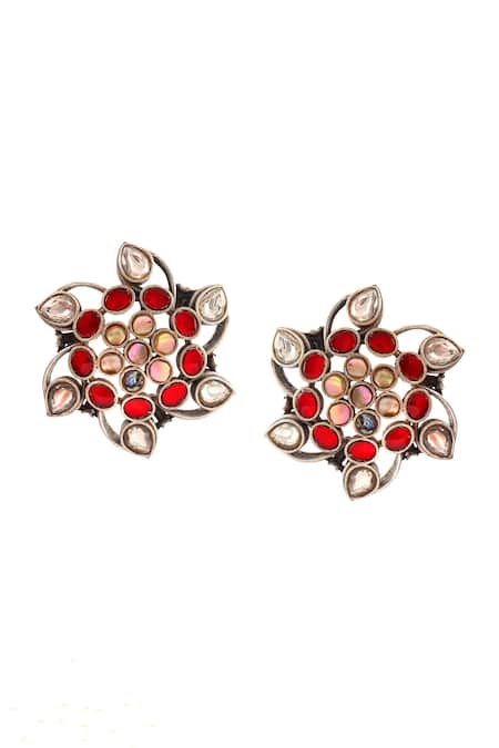 Noor_Red Stones Kundan Embellished Floral-shaped Stud Earrings_Online_at_Aza_Fashions