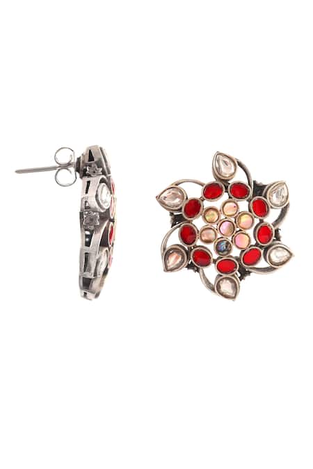 Buy_Noor_Red Stones Kundan Embellished Floral-shaped Stud Earrings_Online_at_Aza_Fashions