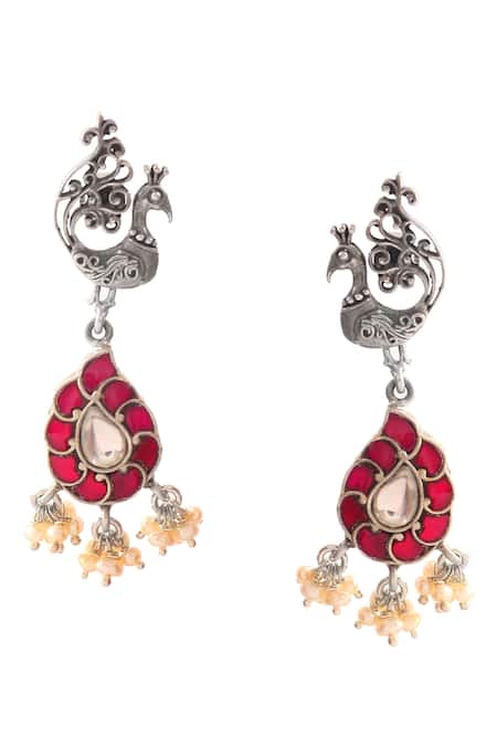 Noor_Pink Pearls Embellished Peacock Carved Dangler Earrings_Online_at_Aza_Fashions