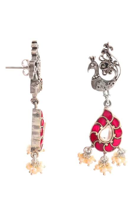 Buy_Noor_Pink Pearls Embellished Peacock Carved Dangler Earrings_Online_at_Aza_Fashions
