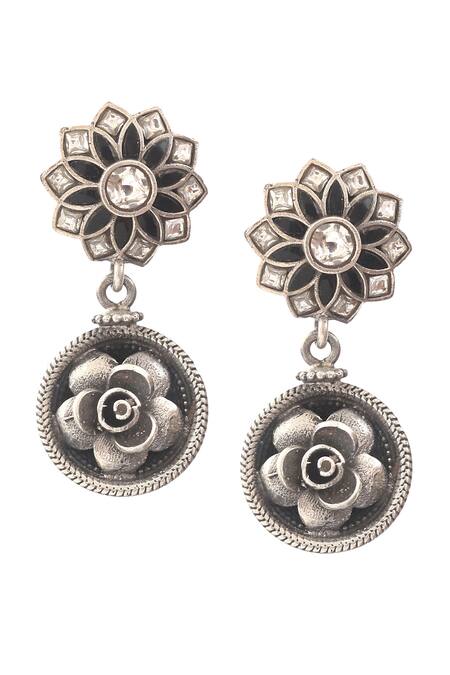 Noor_Black Gota Patti Embellished Floral Carved Dangler Earrings_Online_at_Aza_Fashions