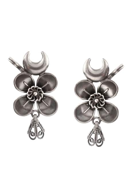 Noor_Silver Plated Floral Carved Oxidised Dangler Earrings_Online_at_Aza_Fashions