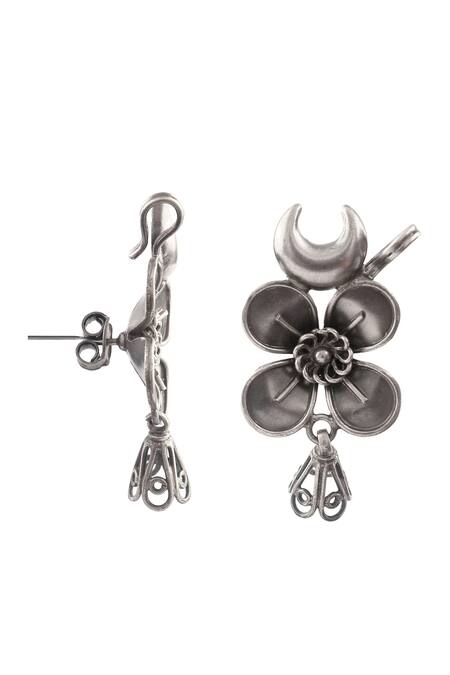 Buy_Noor_Silver Plated Floral Carved Oxidised Dangler Earrings_Online_at_Aza_Fashions