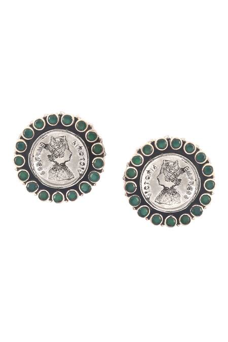 Noor_Silver Plated Zari Jadau Embellished Floral Carved Stud Earrings_Online_at_Aza_Fashions