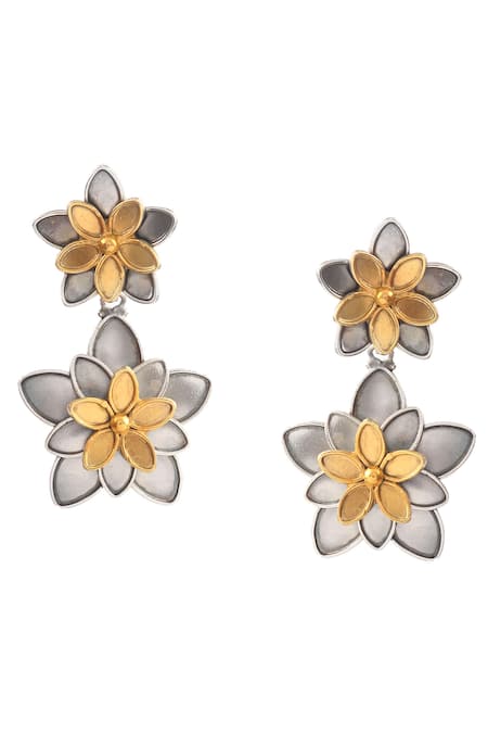 Noor_Silver Plated Floral Carved Dangler Earrings_Online_at_Aza_Fashions