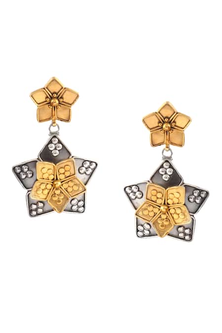 Noor_Silver Plated Embroidery Floral Carved Earrings_Online_at_Aza_Fashions