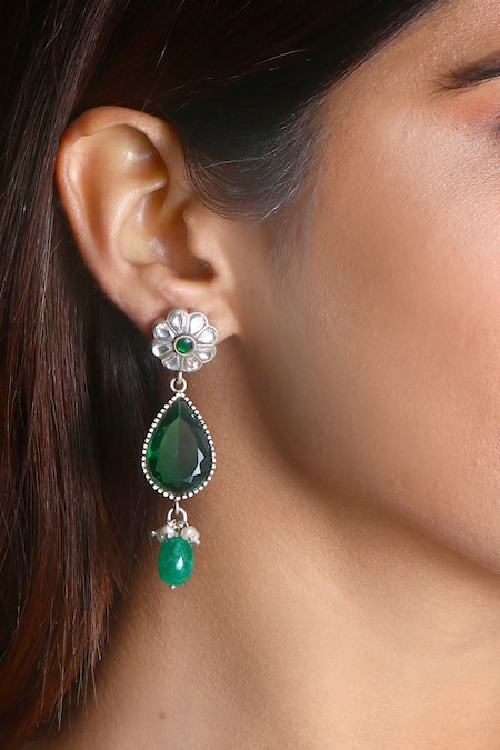 Noor Green Kundan And Jadau Embellished Dangler Earrings