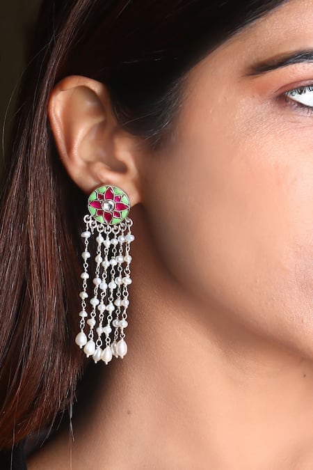 Noor Pink Kundan Pearl Embellished Dangler Earrings
