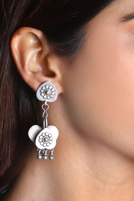 Noor Silver Plated Floral Oxidised Dangler Earrings 