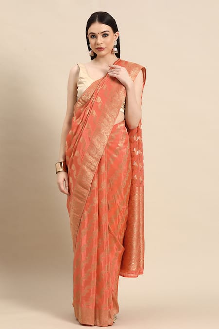 SAYISHA Floral Stripe Pattern Saree With Running Blouse 