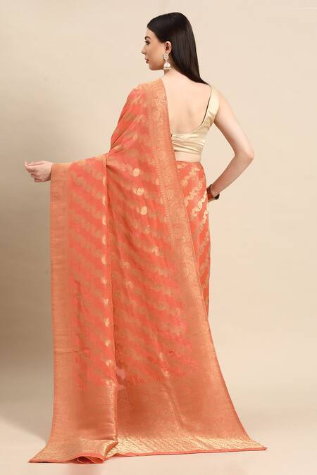 Shop Sayisha Orange Silk Woven Floral Stripe And Vintage Pattern Saree With Running Blouse at Aza Fashions Shop_Sayisha_Orange Silk Woven Floral Stripe And Vintage Pattern Saree With Running Blouse_at_Aza_Fashions