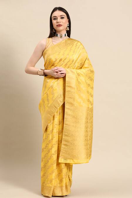 Buy_Sayisha_Yellow Silk Woven Floral Stripe And Vintage Pattern Saree With Running Blouse_Online_at_Aza_Fashions