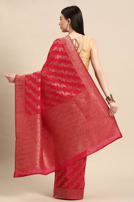 Shop Sayisha Red Silk Woven Floral Stripe And Vintage Pattern Saree With Running Blouse at Aza Fashions Shop_Sayisha_Red Silk Woven Floral Stripe And Vintage Pattern Saree With Running Blouse_at_Aza_Fashions