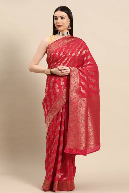 Buy Sayisha Red Silk Woven Floral Stripe And Vintage Pattern Saree With Running Blouse Online at Aza Fashions Buy_Sayisha_Red Silk Woven Floral Stripe And Vintage Pattern Saree With Running Blouse_Online_at_Aza_Fashions