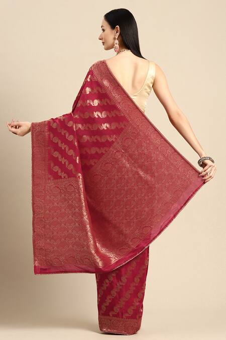 Shop Sayisha Red Silk Woven Floral Stripe And Vintage Pattern Saree With Running Blouse at Aza Fashions Shop_Sayisha_Red Silk Woven Floral Stripe And Vintage Pattern Saree With Running Blouse_at_Aza_Fashions