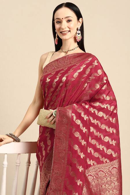 Buy Sayisha Red Silk Woven Floral Stripe And Vintage Pattern Saree With Running Blouse Online at Aza Fashions Buy_Sayisha_Red Silk Woven Floral Stripe And Vintage Pattern Saree With Running Blouse_Online_at_Aza_Fashions
