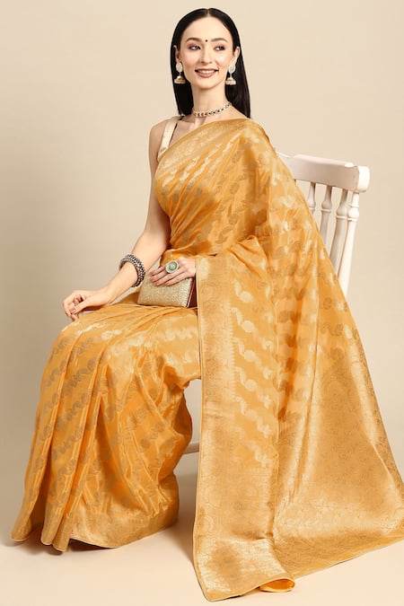 Buy_Sayisha_Yellow Silk Woven Floral Stripe And Vintage Pattern Saree With Running Blouse_Online_at_Aza_Fashions