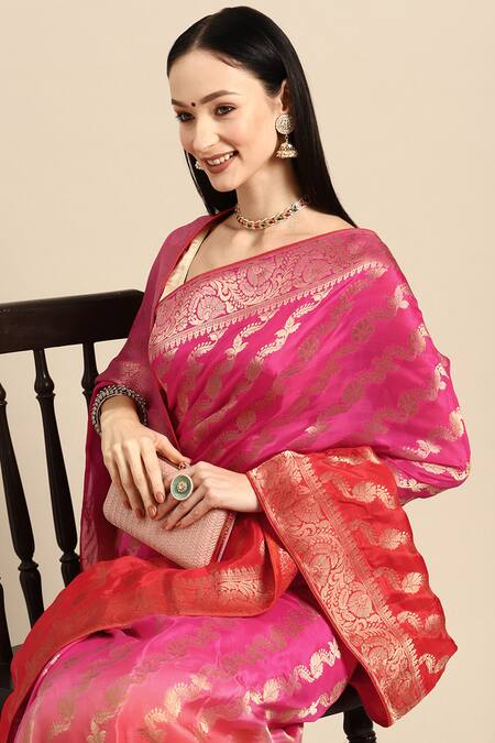 Buy_Sayisha_Pink Silk Woven Floral Stripe And Vintage Ombre Saree With Running Blouse_Online_at_Aza_Fashions