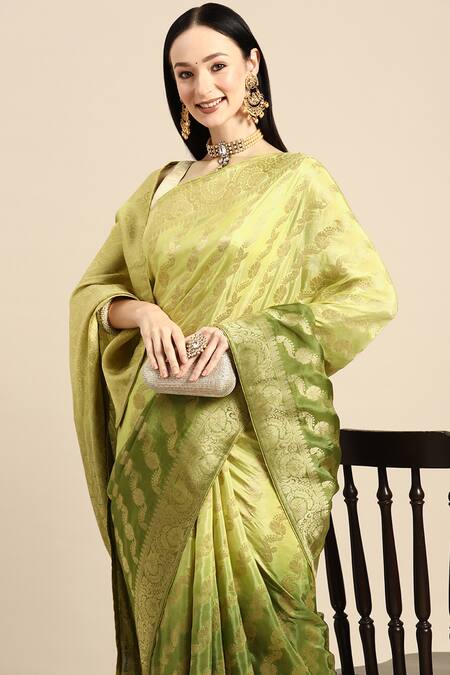 Buy Sayisha Green Silk Woven Floral Stripe And Vintage Ombre Saree With Running Blouse Online at Aza Fashions Buy_Sayisha_Green Silk Woven Floral Stripe And Vintage Ombre Saree With Running Blouse_Online_at_Aza_Fashions