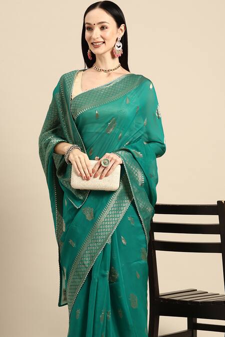 Buy Sayisha Green Linen Blend Woven And Embroidered Bloom Pattern Saree With Running Blouse Online at Aza Fashions Buy_Sayisha_Green Linen Blend Woven And Embroidered Bloom Pattern Saree With Running Blouse_Online_at_Aza_Fashions